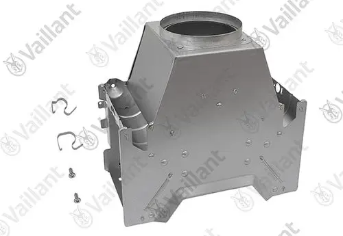 Vaillant Strömungssicherung aus Metall mit mehreren Befestigungslöchern, einer runden Öffnung oben und Zubehörteilen wie Haken und Schrauben.